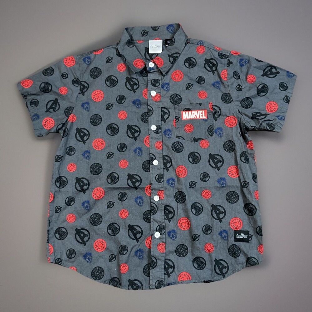 Marvel Avengers Infinity War Character Logo Button Grey Kids Boys Shirt Large